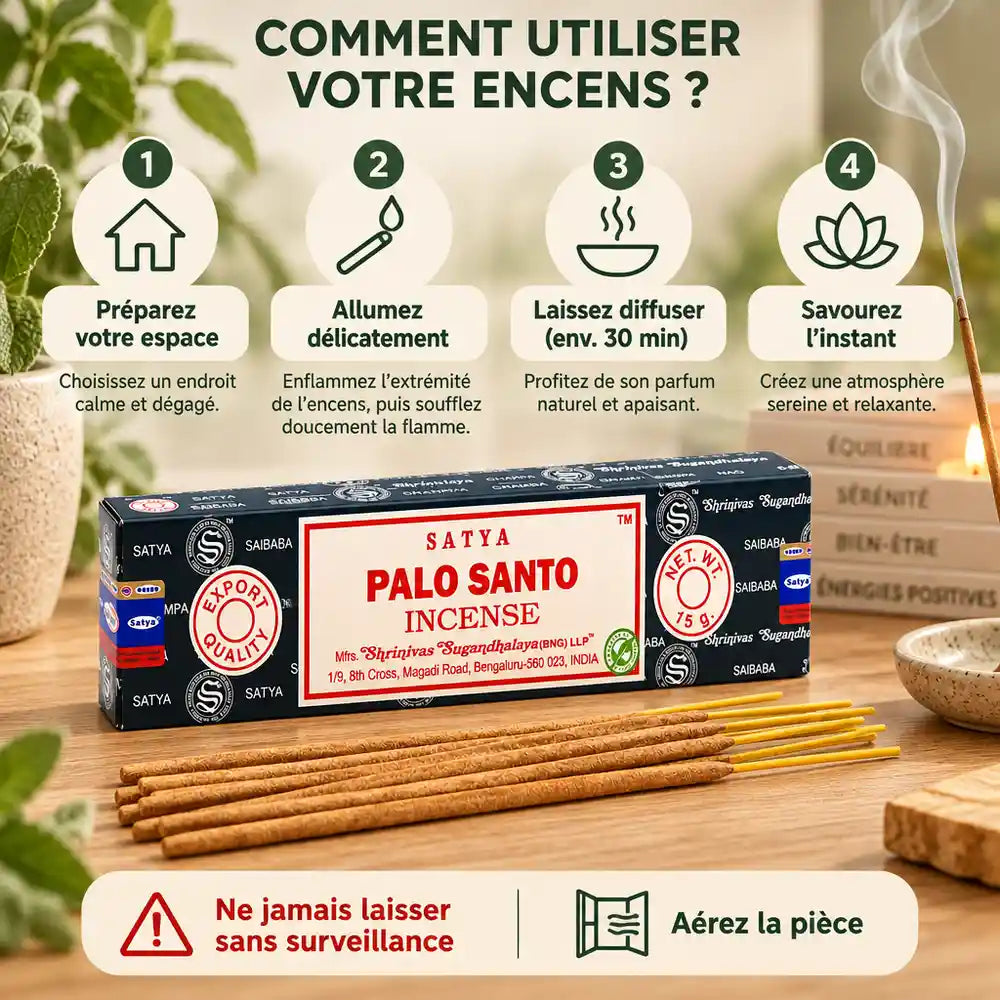 Encens Satya Palo Santo 15 g : boîte bleu marine, bâtonnets dorés et guide d'utilisation en 4 étapes sur bois clair