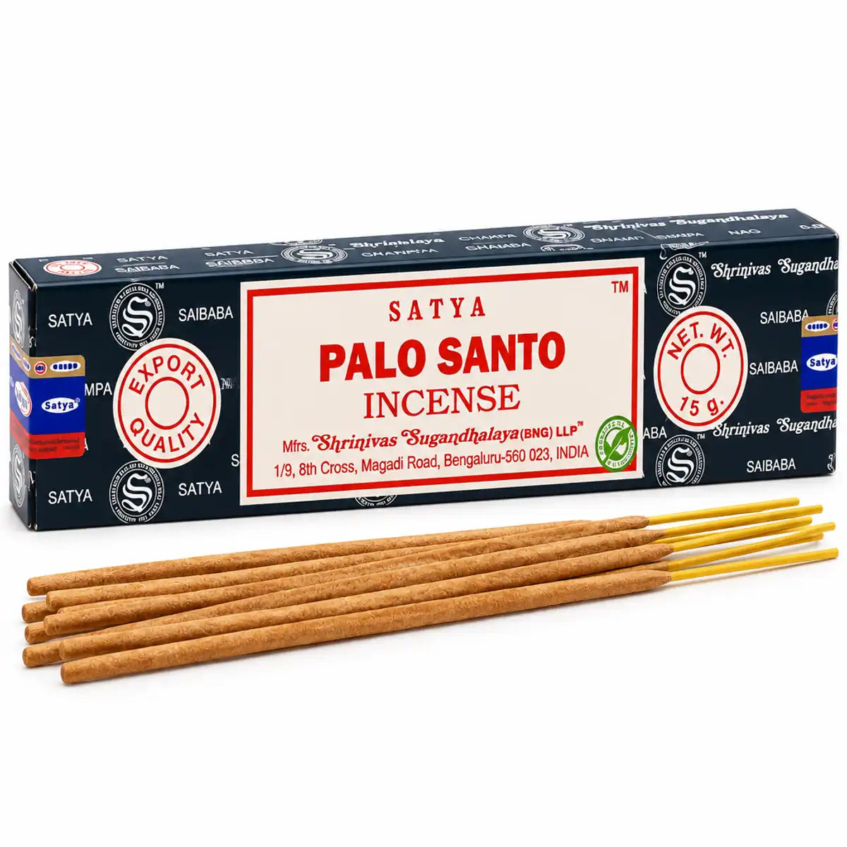Boîte d'encens Satya Palo Santo bleu marine avec étiquette crème, bâtonnets d'encens sur fond blanc, format 15 g