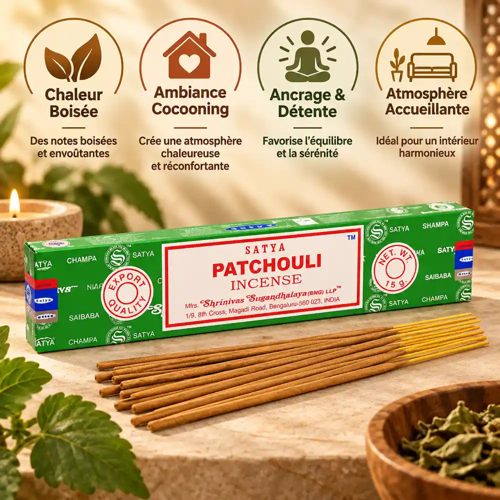 Encens Satya Patchouli 15g avec bâtons, ambiance cocooning et détente naturelle