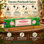 Encens Satya Patchouli 15g avec bâtonnets et guide d'utilisation en 4 étapes