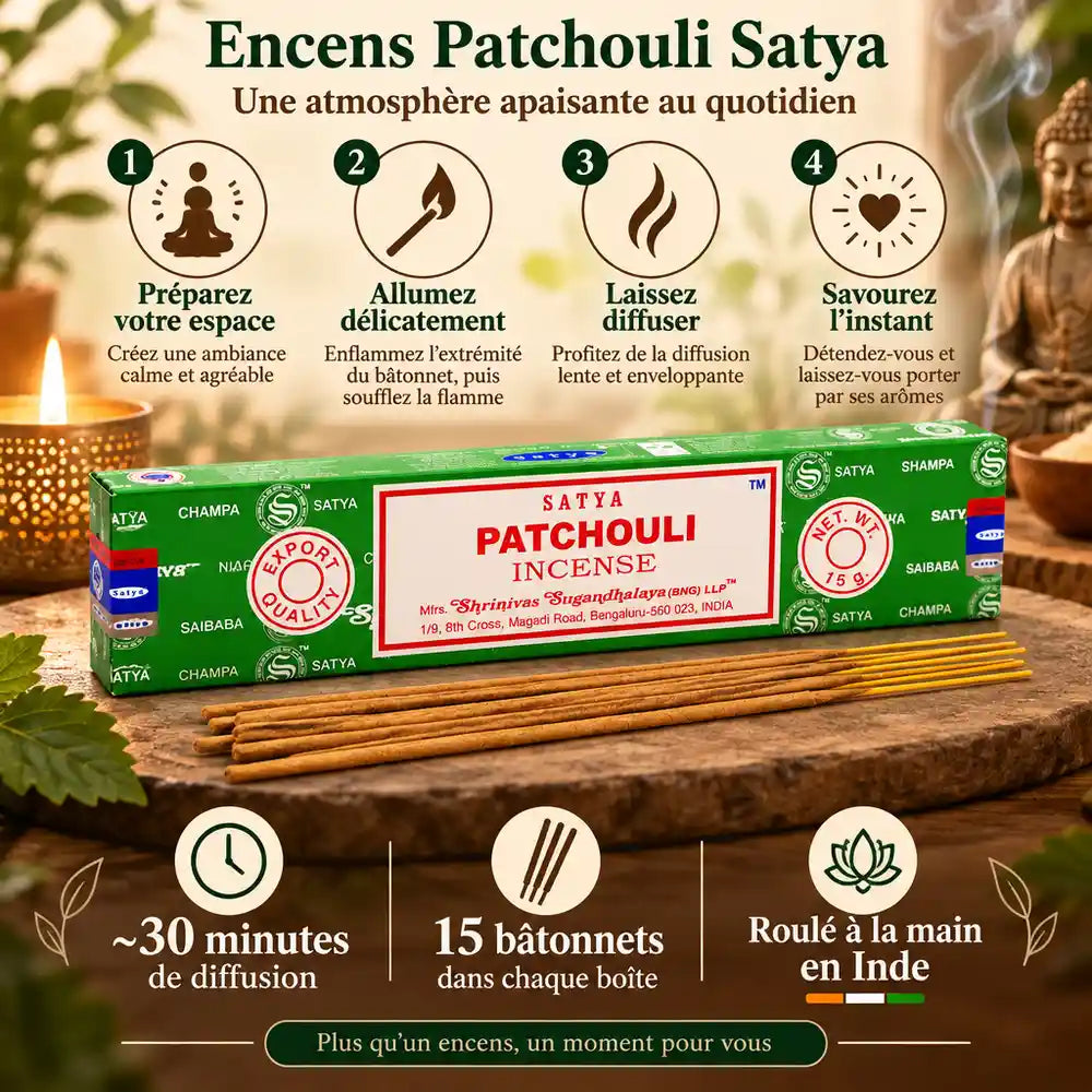 Encens Satya Patchouli 15g avec bâtonnets et guide d'utilisation en 4 étapes