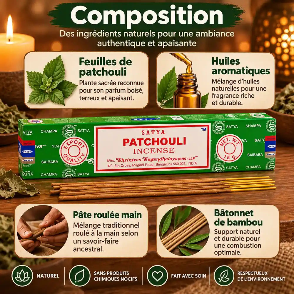 Encens Satya Patchouli 15g : bâtonnets dans leur boîte verte, entourés de feuilles de patchouli, huiles aromatiques et composition artisanale