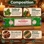 Encens Satya Patchouli 15g : bâtonnets dans leur boîte verte, entourés de feuilles de patchouli, huiles aromatiques et composition artisanale