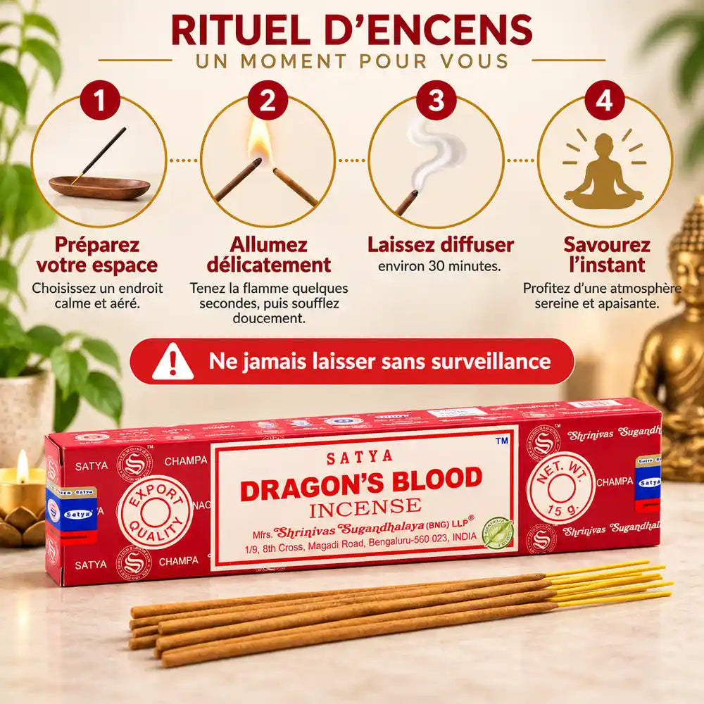 Encens Satya Sang de Dragon 15g : guide en 4 étapes illustré (préparer, allumer, laisser diffuser environ 30 minutes, savourer) avec le paquet du produit