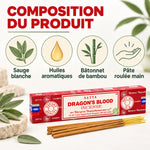 Encens Satya Sang de Dragon 15g : bâtonnets d'encens sur fond clair, avec infographie sur la composition (sauge blanche, huiles aromatiques, bambou, pâte roulée main)