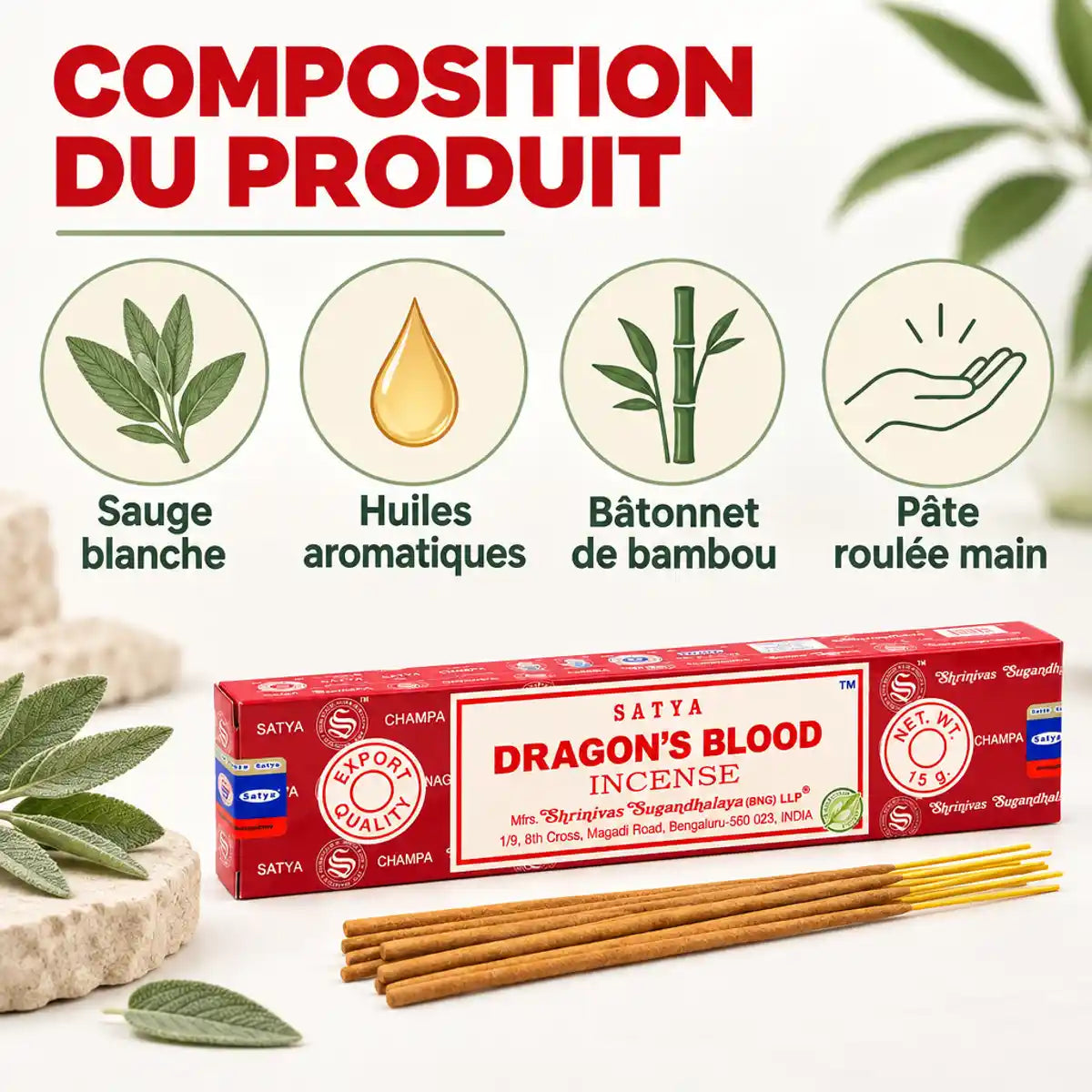 Encens Satya Sang de Dragon 15g : bâtonnets d'encens sur fond clair, avec infographie sur la composition (sauge blanche, huiles aromatiques, bambou, pâte roulée main)