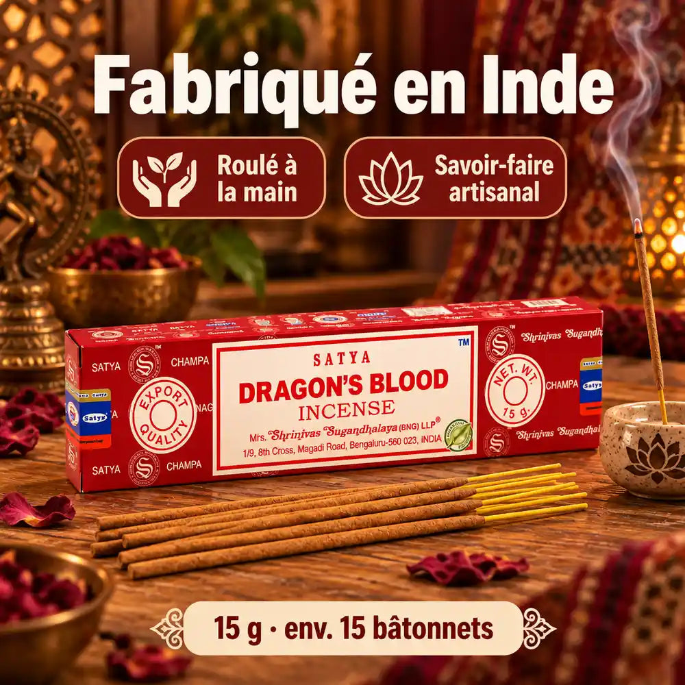 Encens Satya Sang de Dragon 15 g : boîte rouge, bâtonnets roulés à la main et brûleur en céramique à motif lotus, fabriqué en Inde