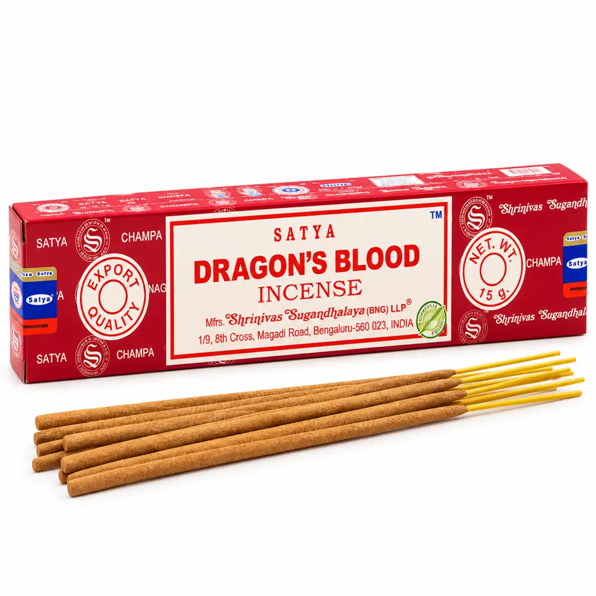 Encens Satya Sang de Dragon 15g : boîte rouge avec étiquette crème, bâtonnets d'encens brun isolés sur fond blanc