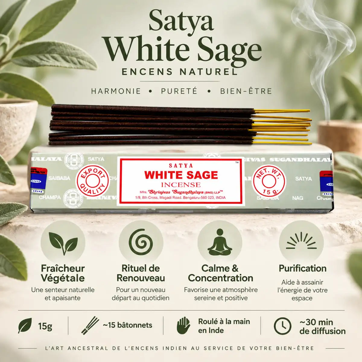 Encens Satya Sauge Blanche 15g - Bâtonnets naturels roulés à la main pour purification et méditation