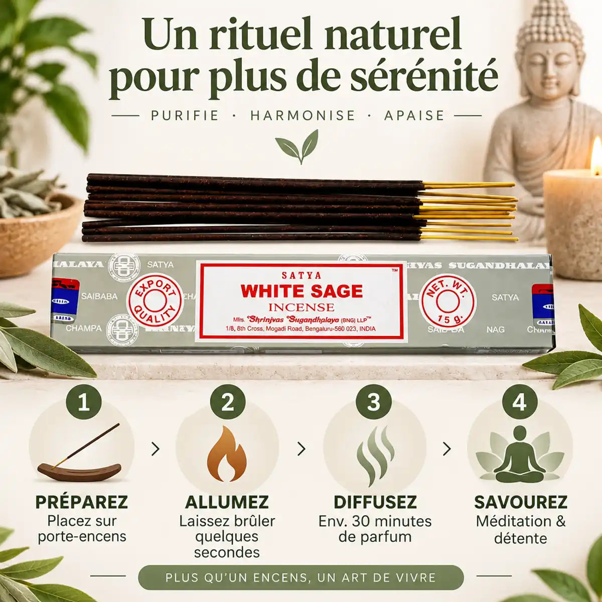Encens Satya Sauge Blanche 15g avec guide d'utilisation en 4 étapes pour méditation et bien-être