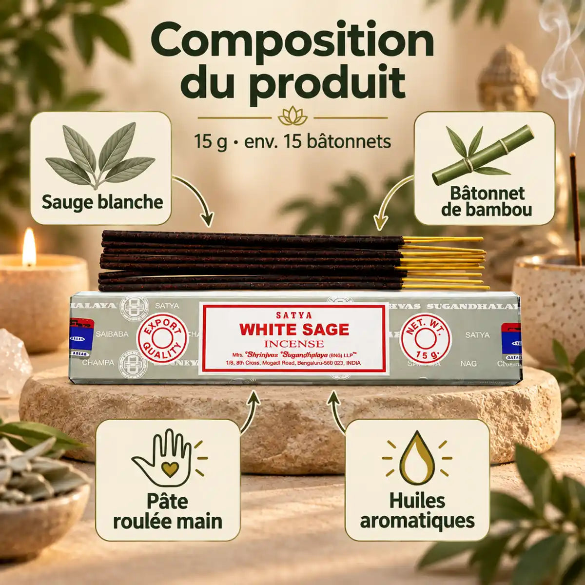 Encens Satya Sauge Blanche 15 g : boîte et bâtonnets sur socle en grès, bouddha doré, bougie et fumée d'encens