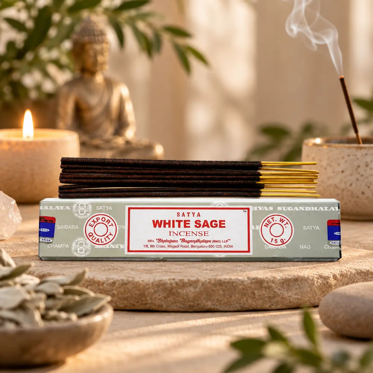 Encens Satya Sauge Blanche 15g bâtons roulés à la main, ambiance zen méditation