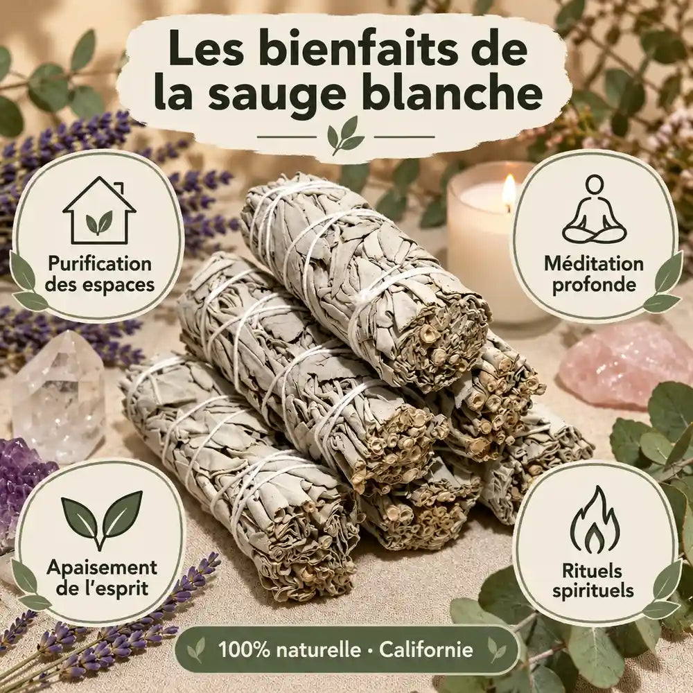 Trois bâtons d'encens de sauge blanche de Californie liés de coton, entourés de lavande et de cristaux, pour la purification spirituelle.