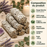 Bâtons de sauge blanche de Californie pour purification, entourés de lavande, eucalyptus, quartz et améthyste, avec liste des caractéristiques du produit