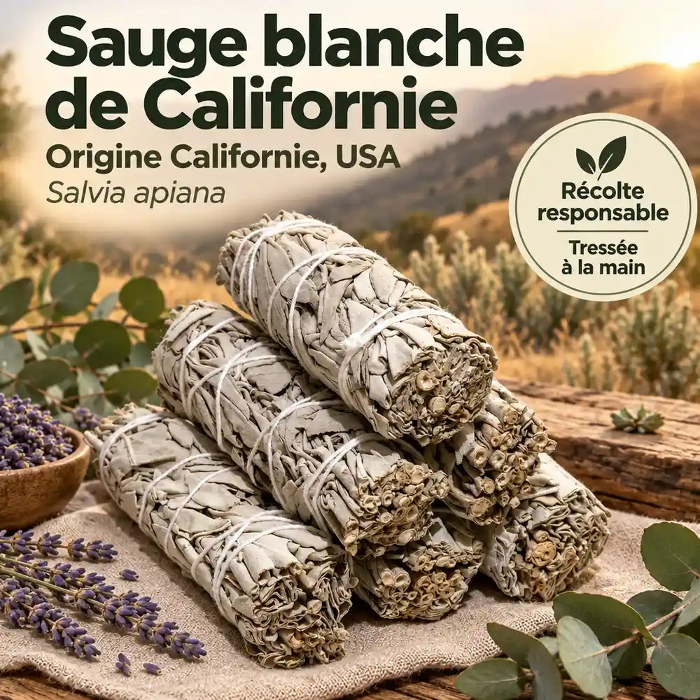 Bâtons de sauge blanche de Californie tressés à la main, posés sur lin et bois rustique, avec lavande et eucalyptus