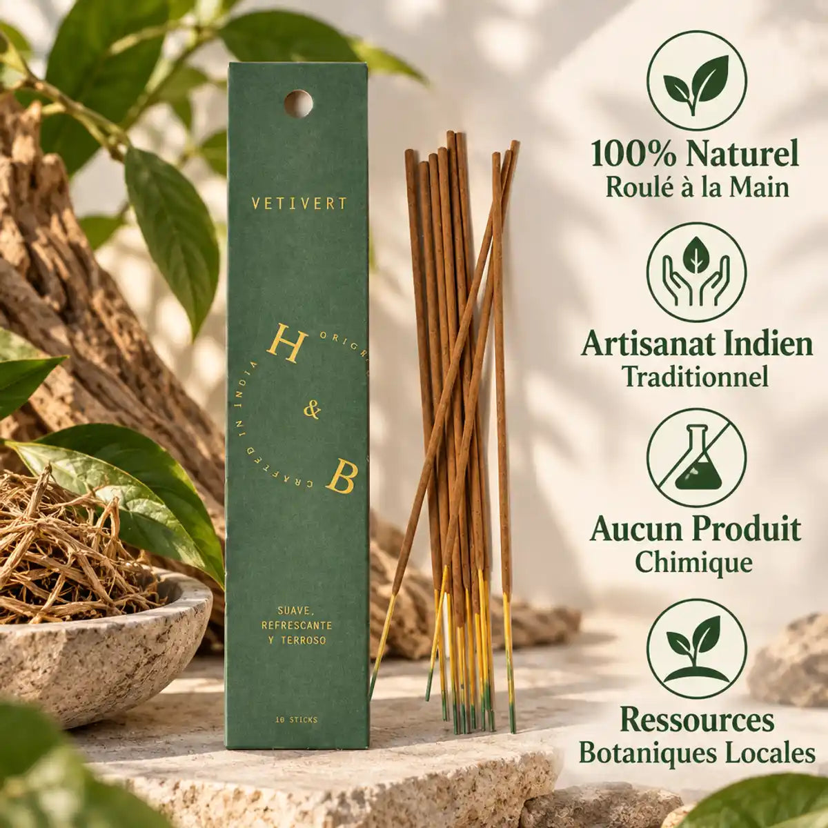 Encens Vétiver H&B 10 bâtons naturels roulés à la main, artisanat indien traditionnel sans produits chimiques