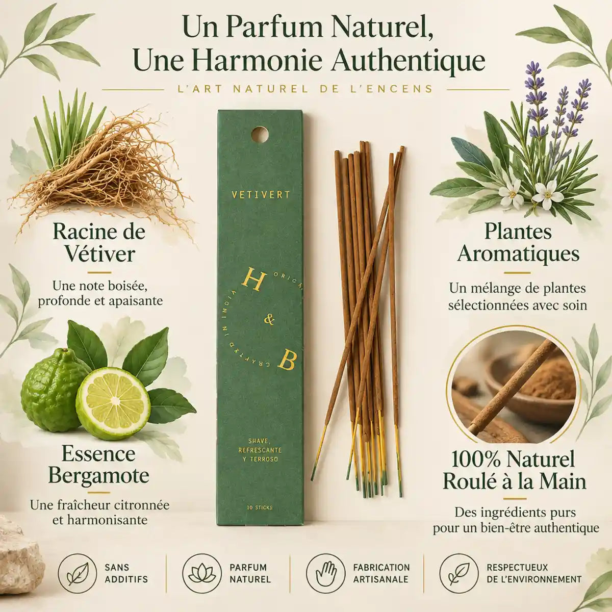 Encens Vétiver 10 bâtons naturels roulés à main avec bergamote et plantes aromatiques