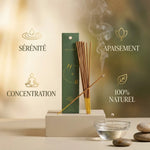 Encens Vétiver naturel premium en boîte verte avec bâtons, symboles de sérénité et apaisement
