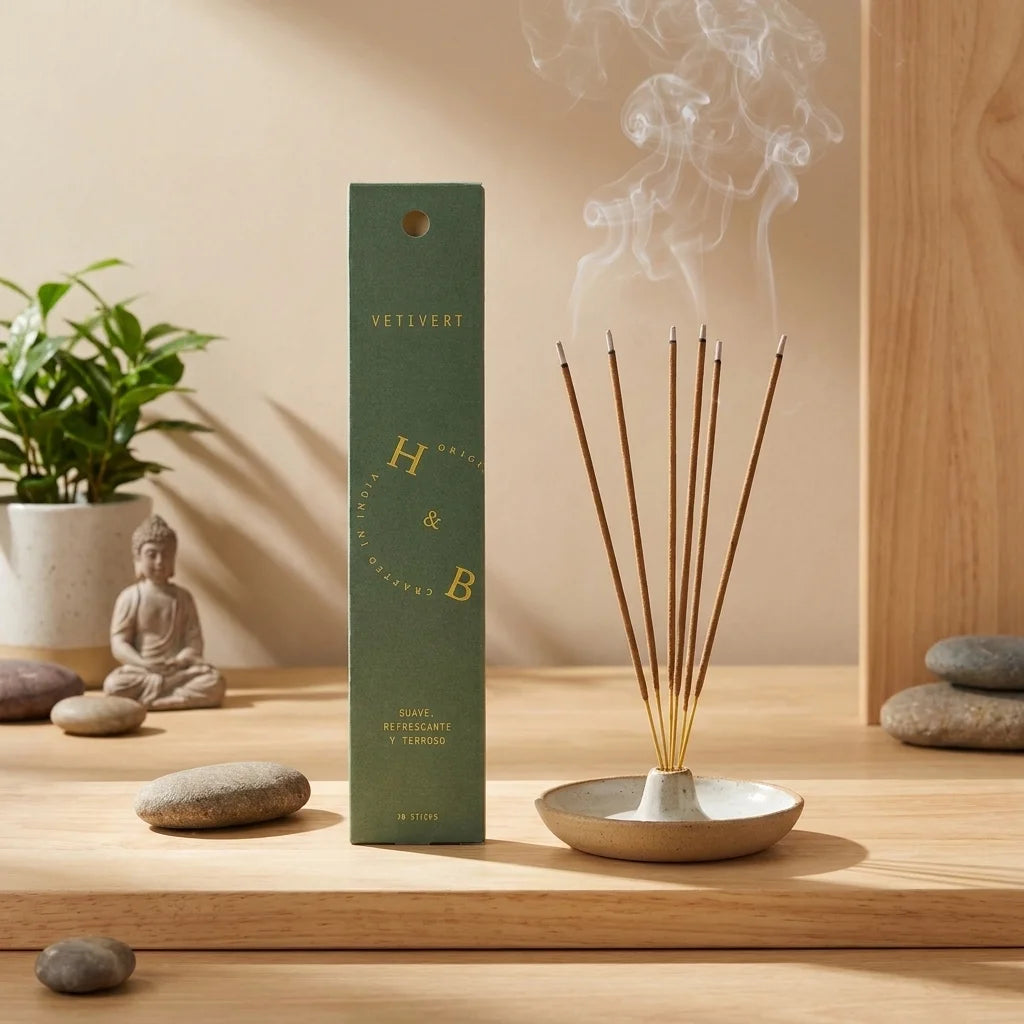 Encens Vétiver x10 avec fumée aromatique dans un espace zen avec éléments de méditation