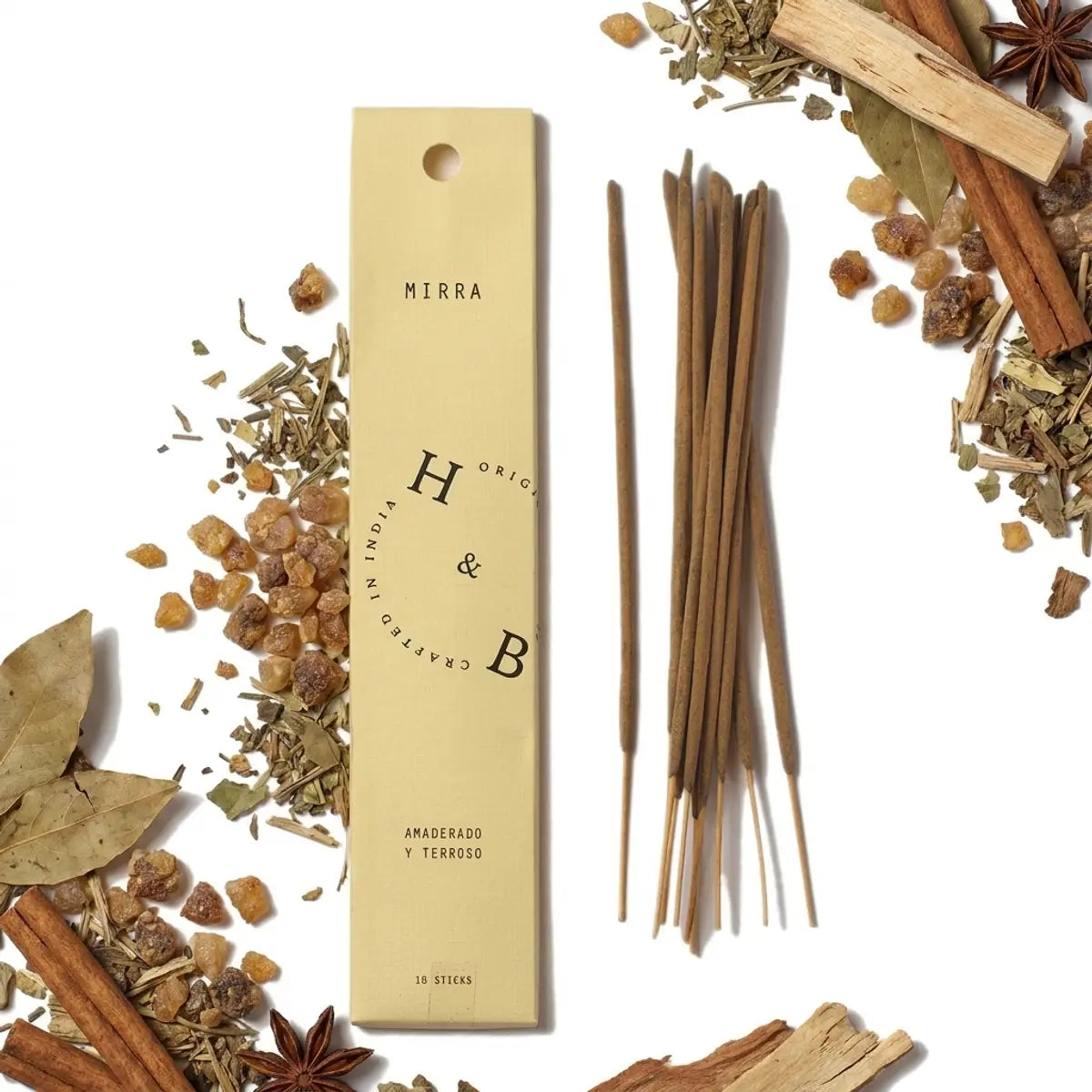 Boîte d'encens naturel myrrhe avec 10 bâtons bruns en bois 