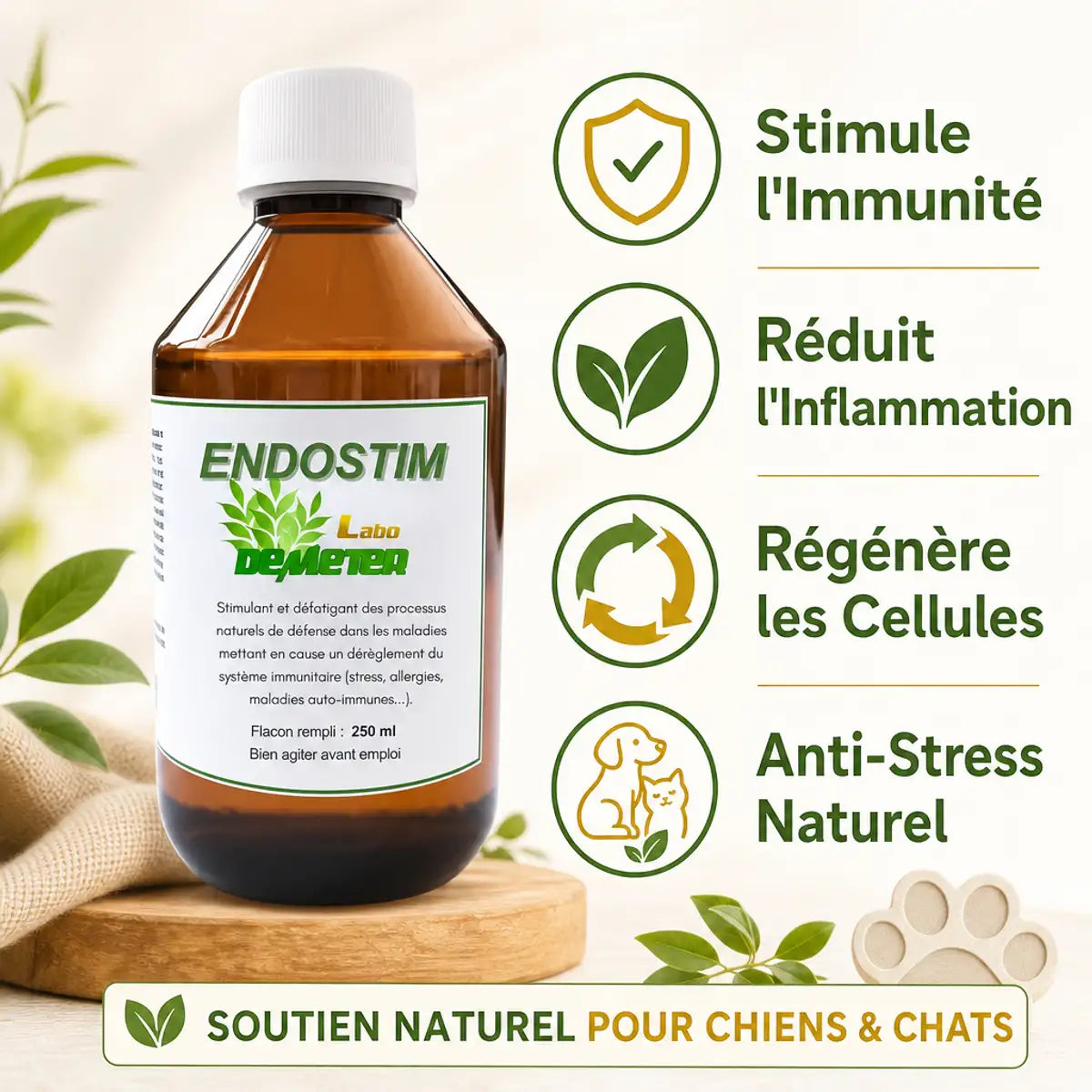 Endostim 250ml immunité chat chien - Stimule l'immunité, réduit inflammation, régénère cellules, anti-stress