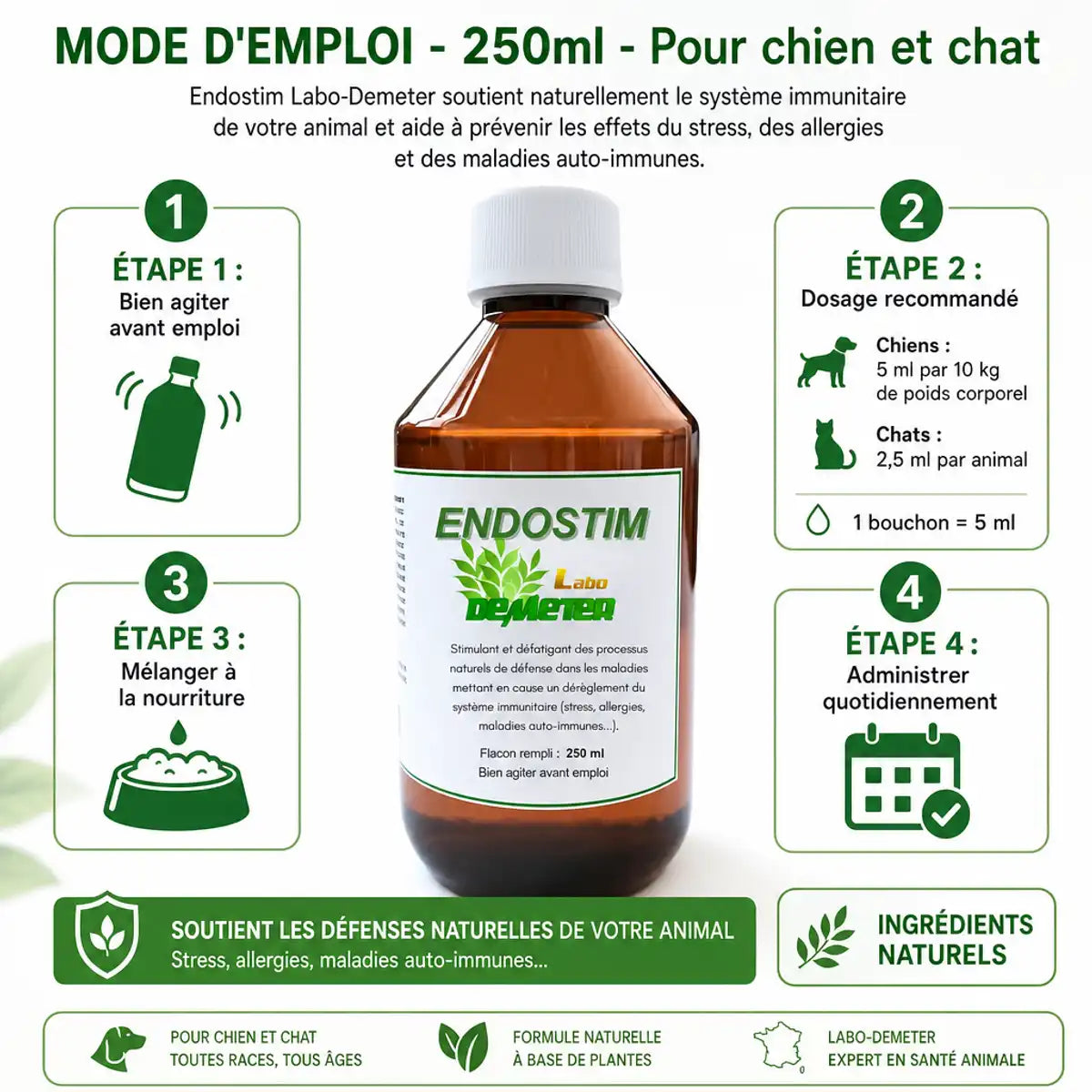 Endostim Labo-Demeter 250ml flacon avec mode d'emploi pour immunité chien chat