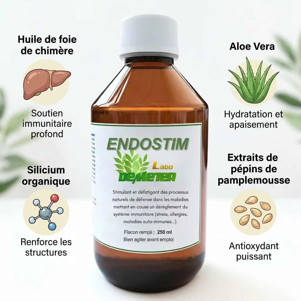 Endostim 250ml flacon immunité chat chien avec ingrédients naturels et logo Labo-Demeter