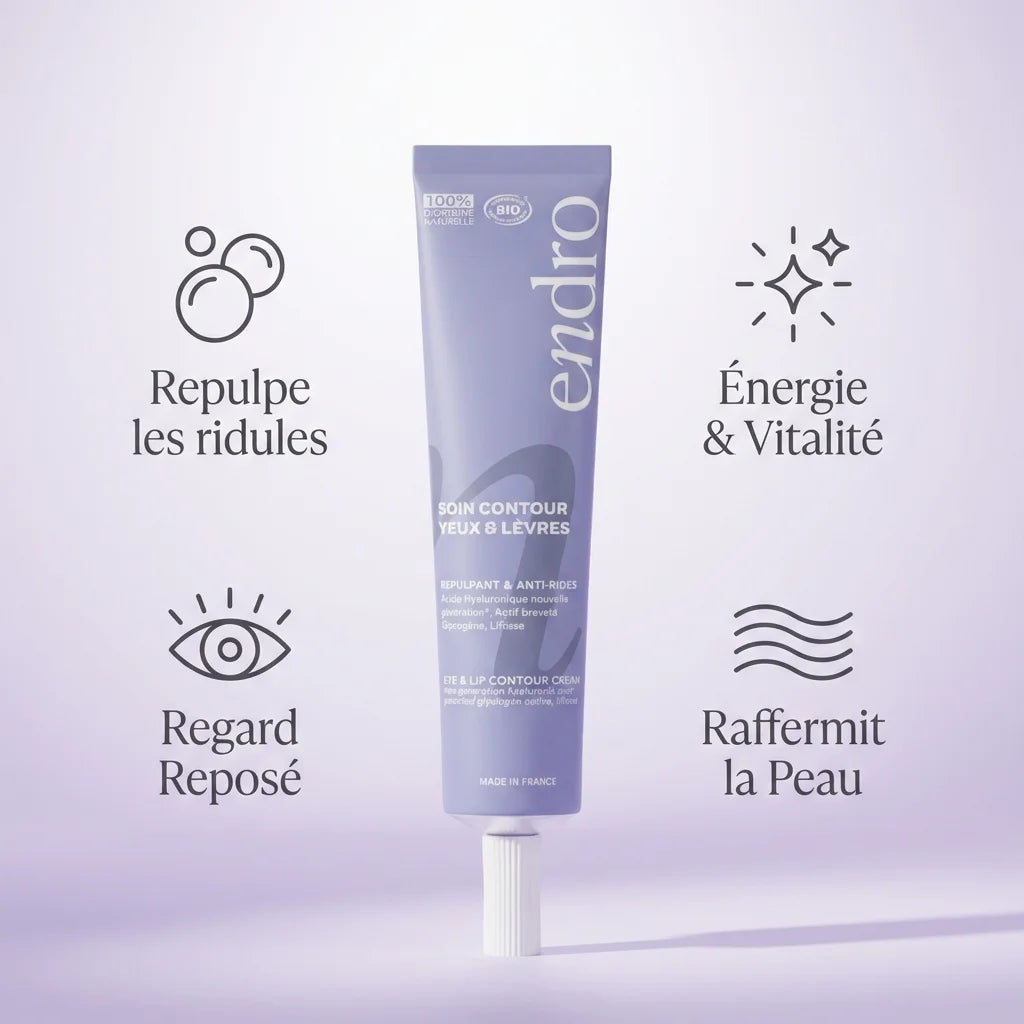 Crème contour yeux et lèvres Endro 20ml, tube lavande sur fond gradient avec icônes de bénéfices anti-âge