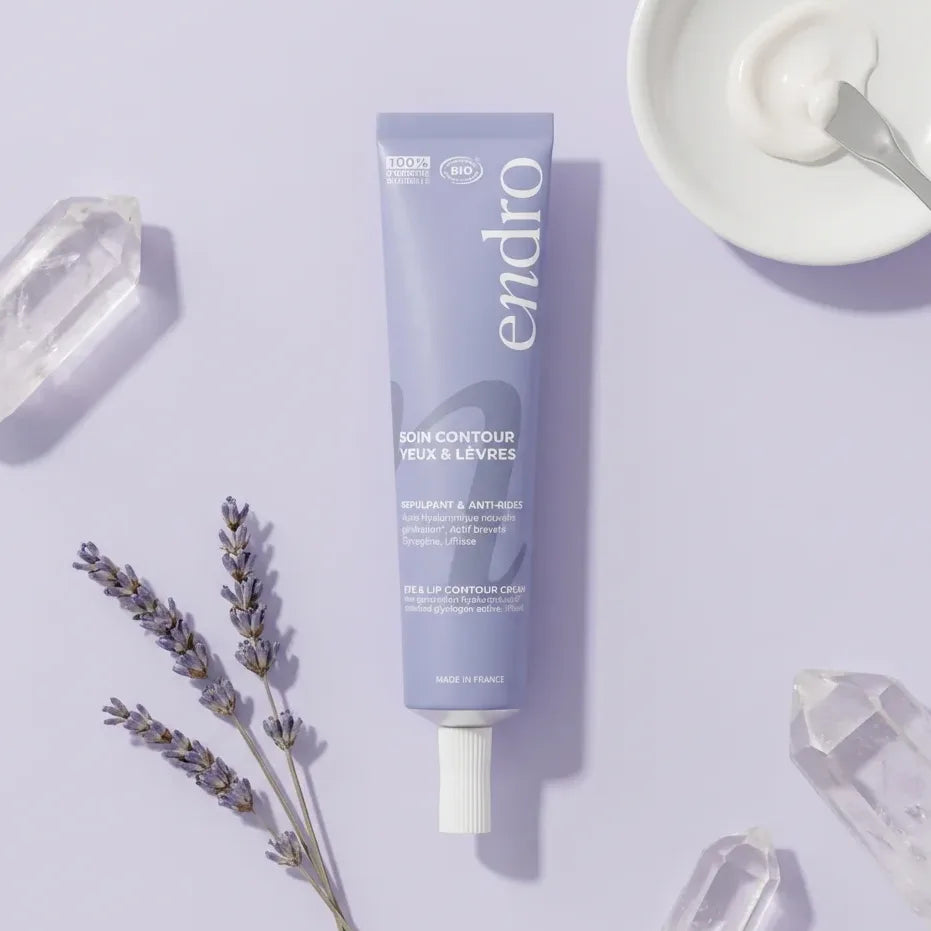 Endro soin contour yeux et lèvres 20ml tube lavande sur fond clair, routine anti-âge