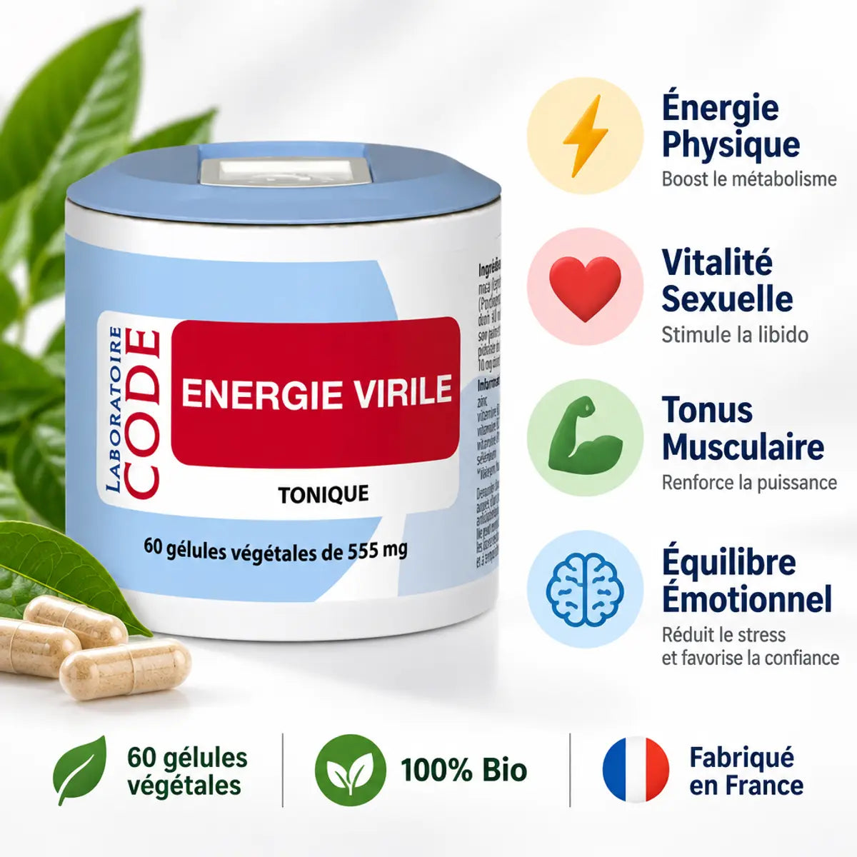 Energie Virile Bio 60 gélules - Complément naturel pour vitalité, énergie physique et tonus musculaire