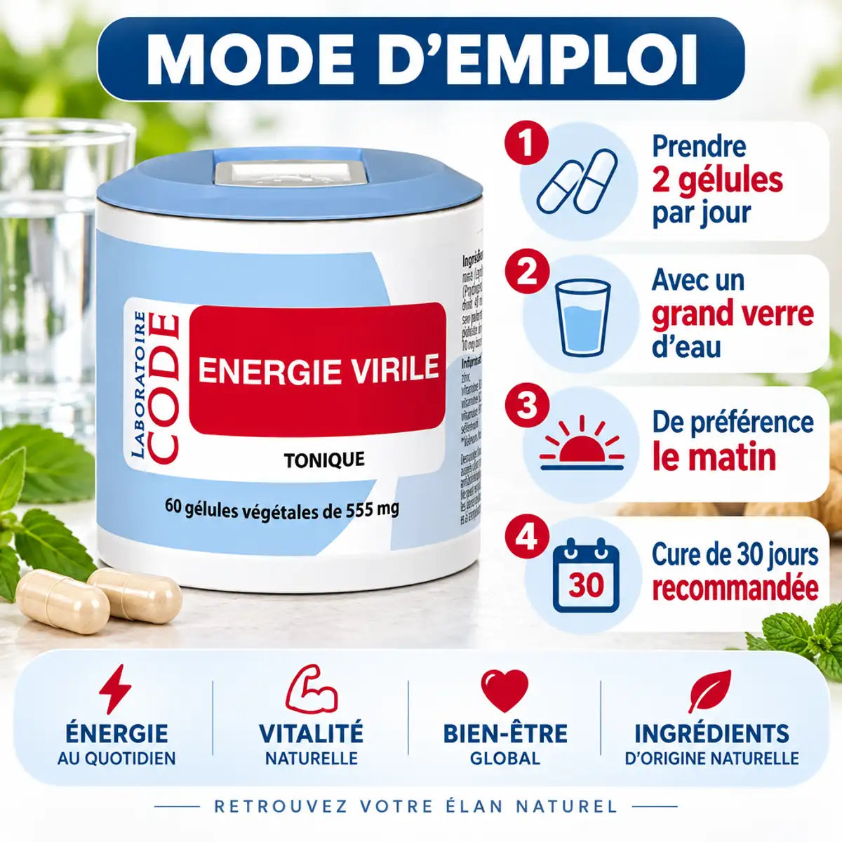 Énergie Virile bio 60 gélules Laboratoire Code - Mode d'emploi et posologie recommandée