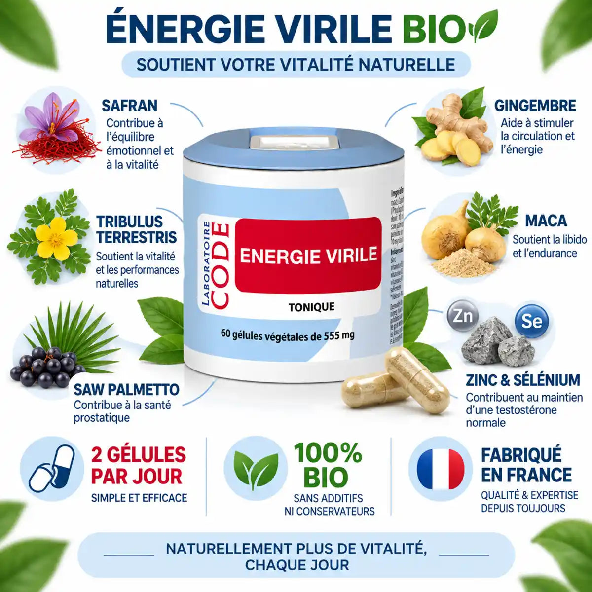 Énergie Virile Bio 60 gélules avec ingrédients naturels - Laboratoire Code