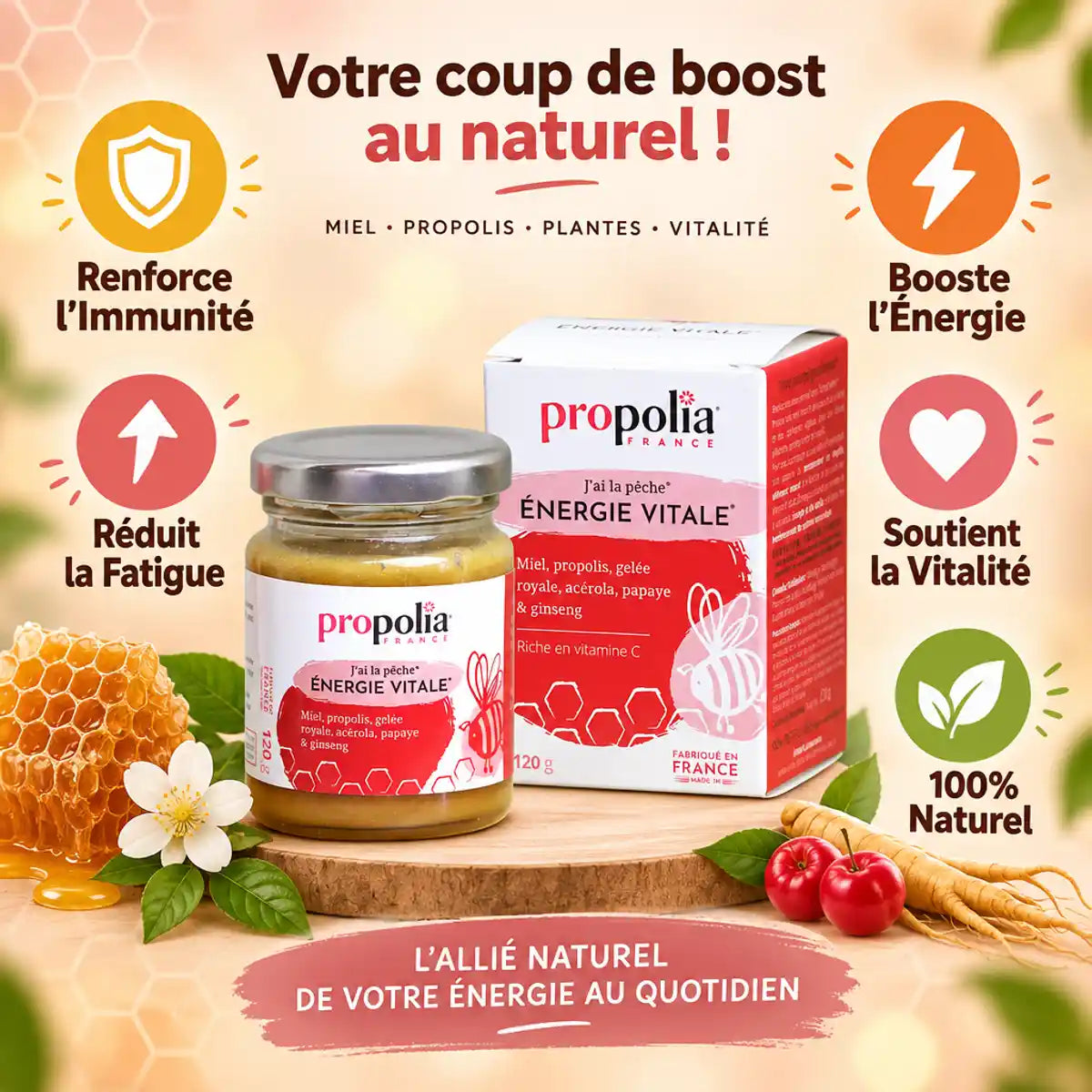 Propolia Énergie Vitale 120g avec bénéfices : immunité, énergie, vitalité naturelle