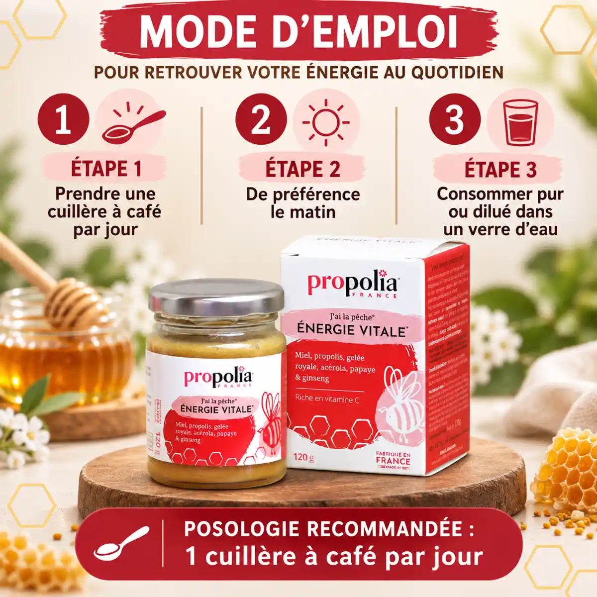Propolia Énergie Vitale 120g avec mode d'emploi : 1 cuillère à café par jour le matin