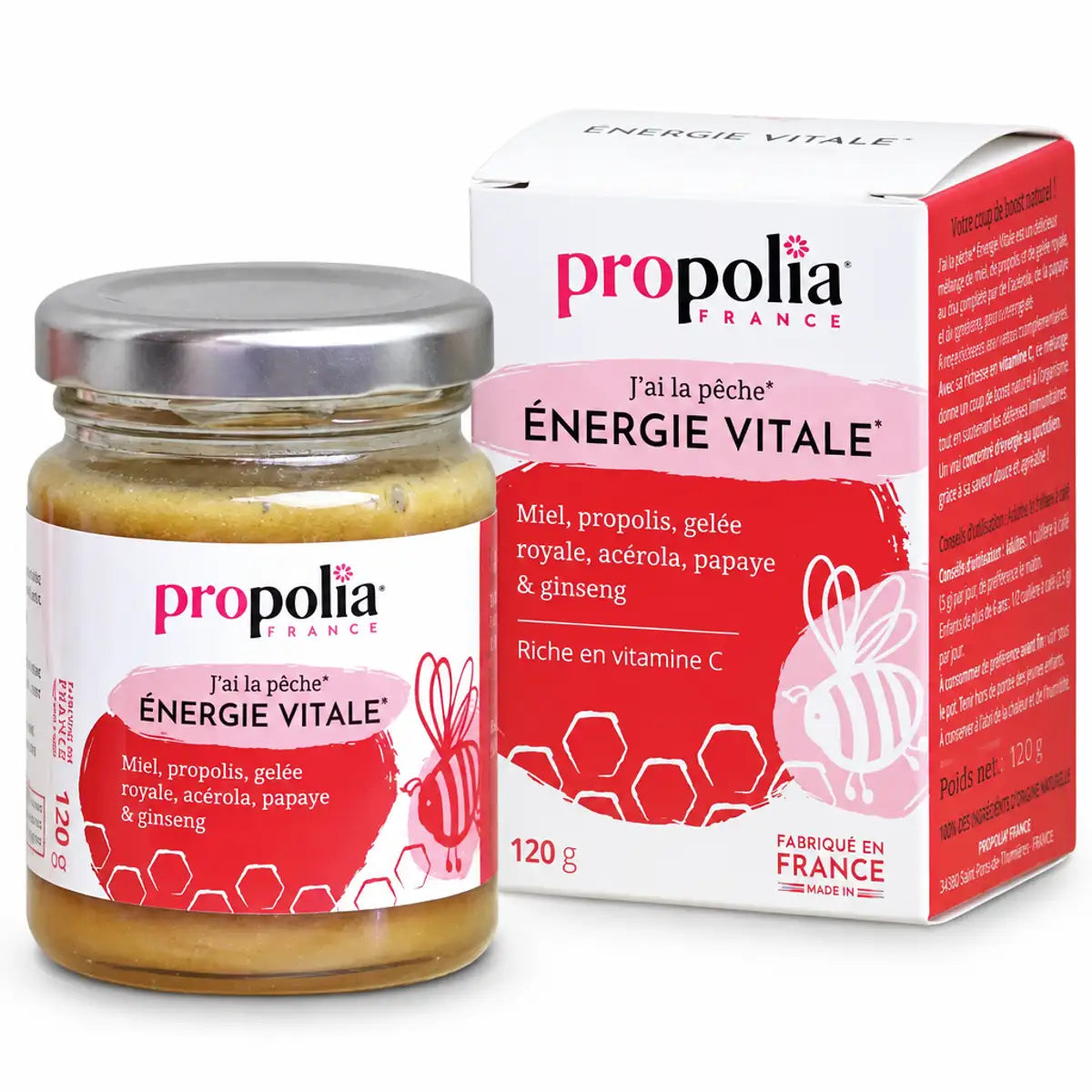 Propolia Énergie Vitale 120g - pot en verre avec couvercle argenté sur fond blanc