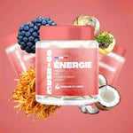 Bouteille Mush n Go Énergie ginseng cordyceps maca 30 gélules sur fond rose.