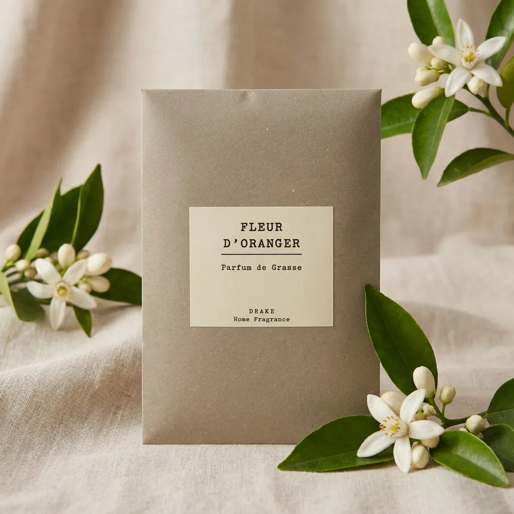 Enveloppe Parfumée Fleur d'Oranger Grasse sur tissu lin avec fleurs d'oranger frais