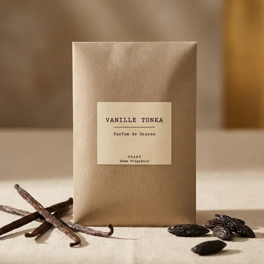 Enveloppe Parfumée Vanille Tonka sur linge beige avec gousses de vanille et fèves tonka