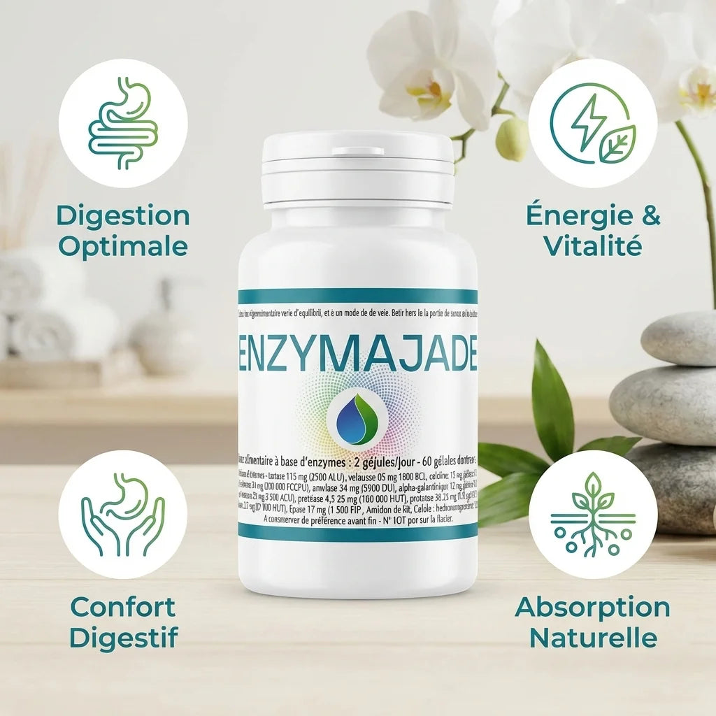 Enzymajade complexe d'enzymes digestives avec icônes de bénéfices : digestion optimale, énergie et confort