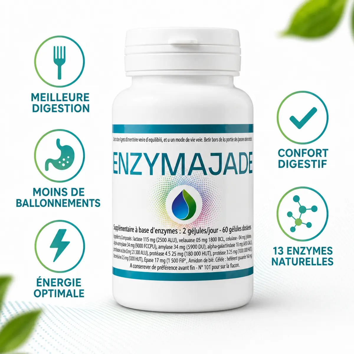 Enzymajade complexe d'enzymes digestives avec 5 bénéfices: digestion, ballonnements, énergie, confort et 13 enzymes naturelles