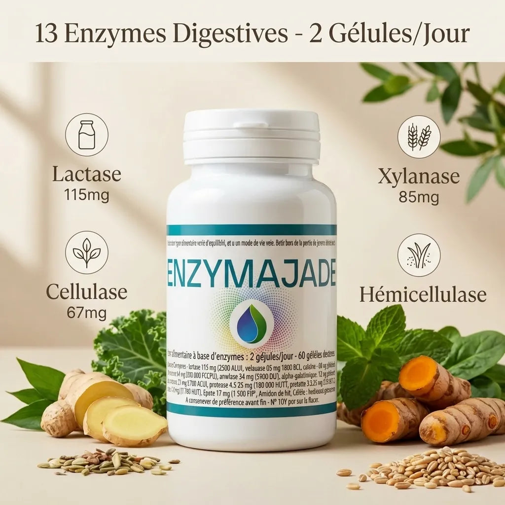 Enzymajade complexe 13 enzymes digestives avec ingrédients naturels lactase xylanase cellulase