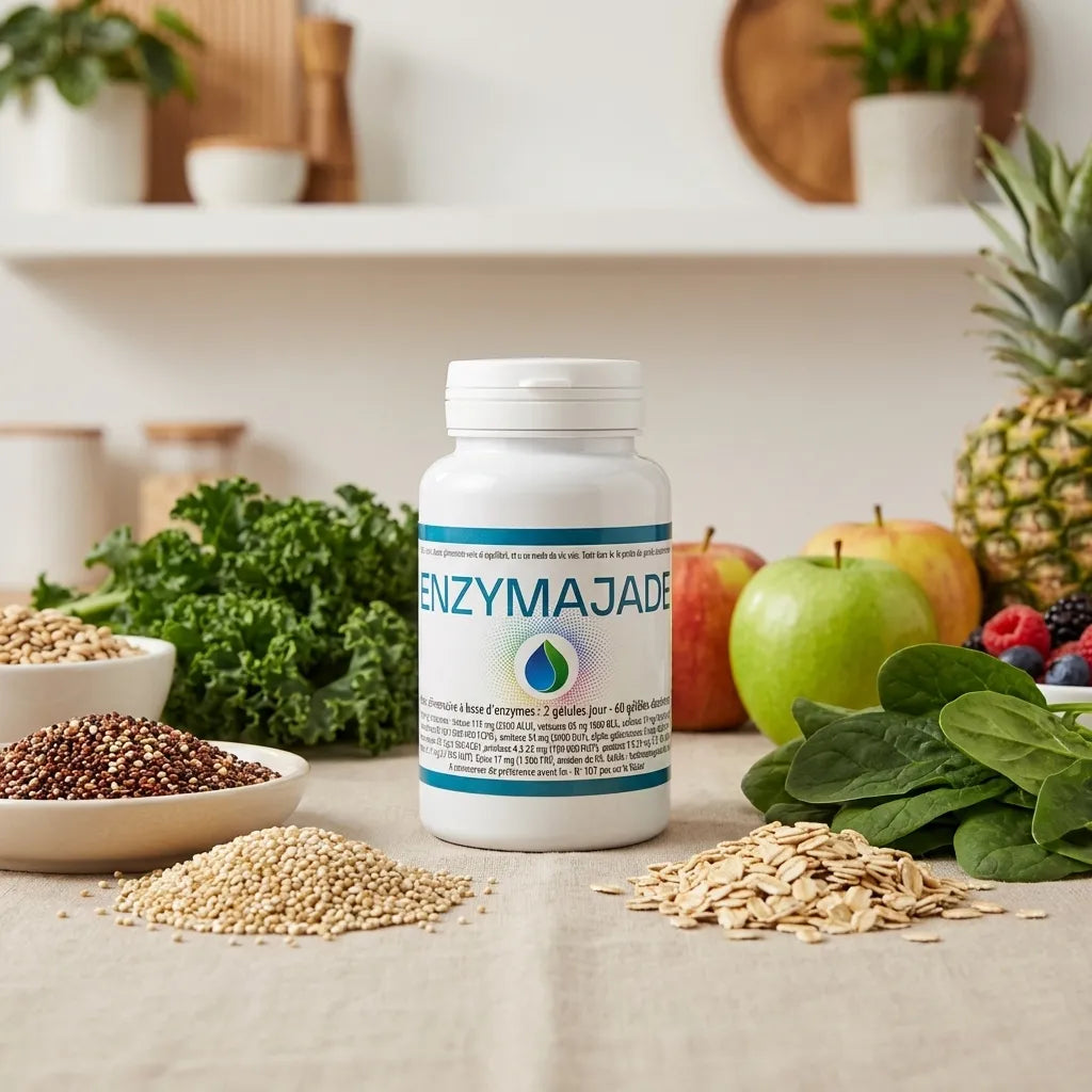 Bouteille Enzymajade complexe enzymes digestives avec fruits et légumes frais