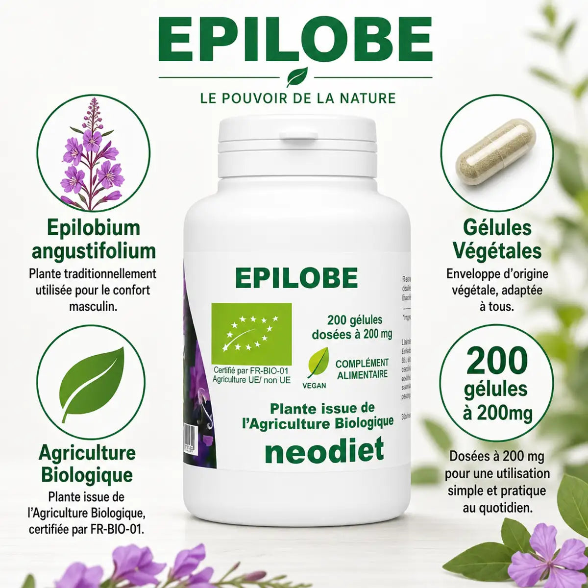 Épilobe Bio 200 gélules Neodiet - Complément alimentaire bio en flacon avec certification agriculture biologique