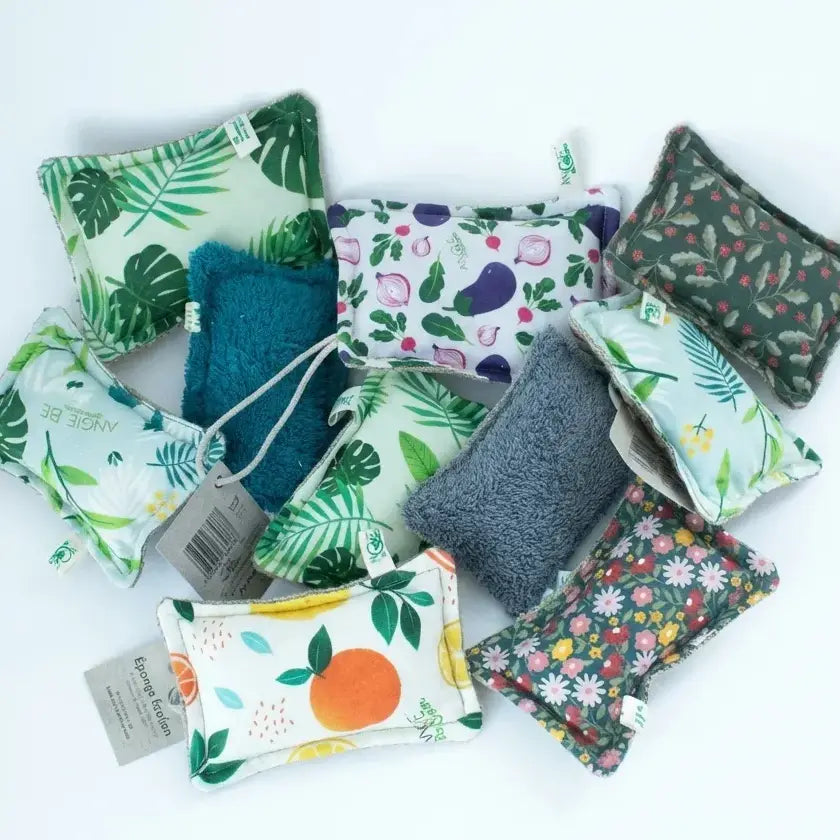 Éponges écologiques Angie Be Green en tissu recyclé et lin, motifs botaniques variés