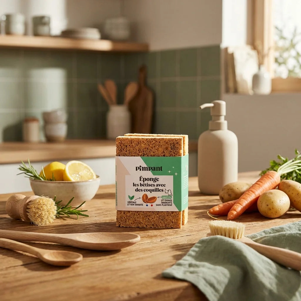 Éponge grattante recyclable Pimpant lot de 2 dans cuisine écologique avec ustensiles bois