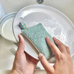 Nettoyage d'une assiette avec l'éponge lavable verte Anotherway