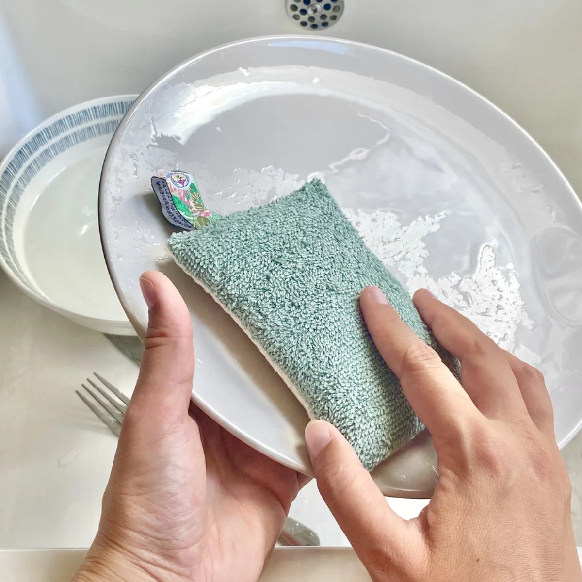 Nettoyage d'une assiette avec l'éponge lavable verte Anotherway