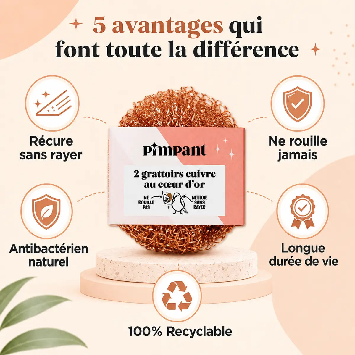 Éponge grattoir cuivre Pimpant lot de 2 - Avantages récurage sans rayer antibactérien naturel