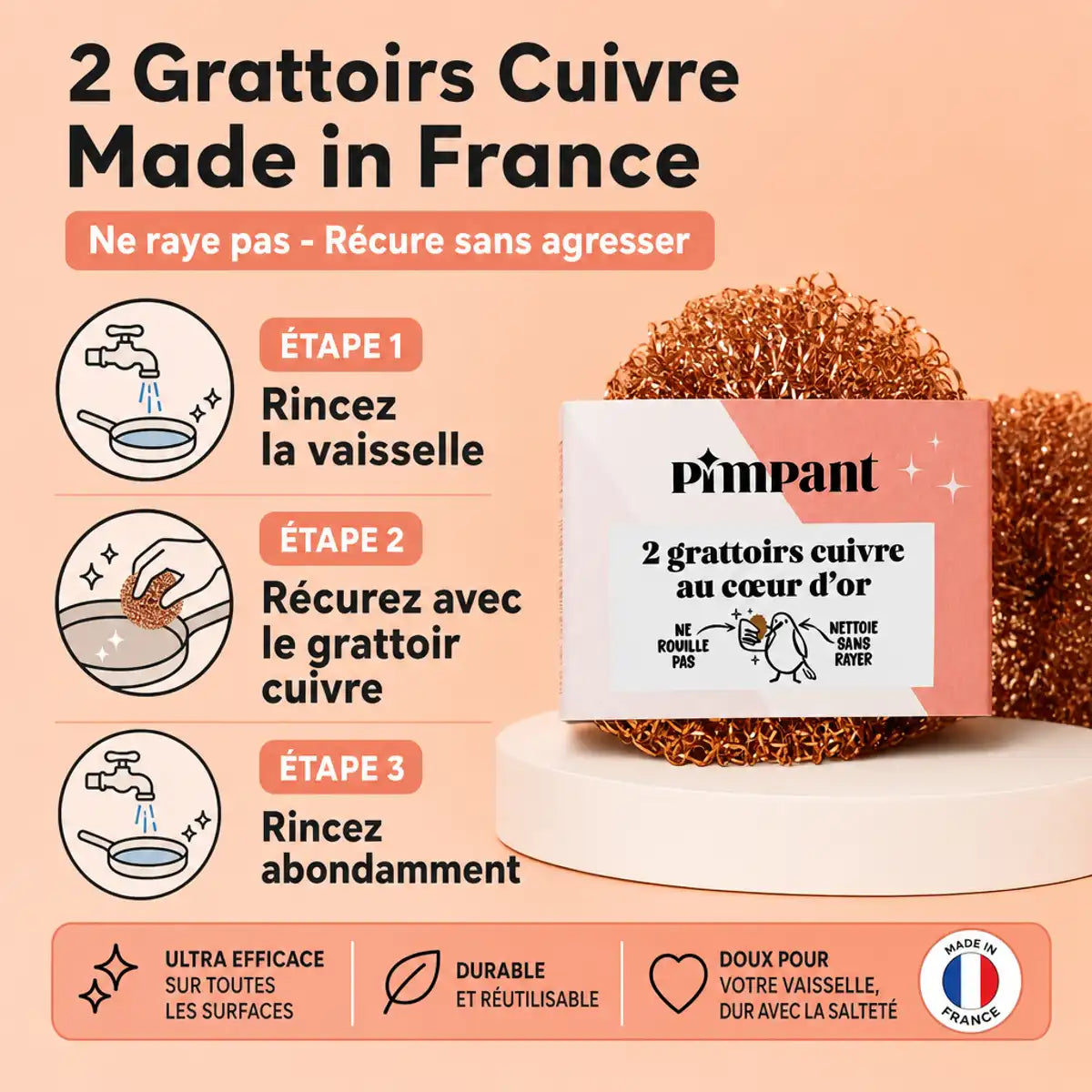 Éponge grattoir en cuivre Pimpant lot de 2 made in France avec guide d'utilisation