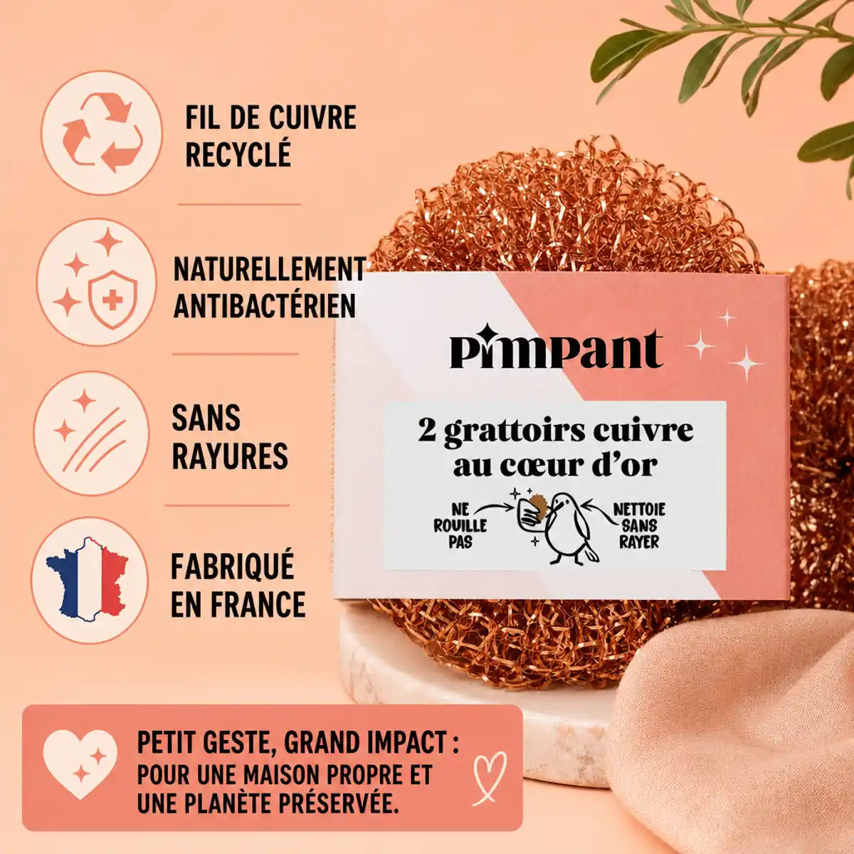 Éponge grattoir cuivre Pimpant lot de 2 made in France, recyclée antibactérienne